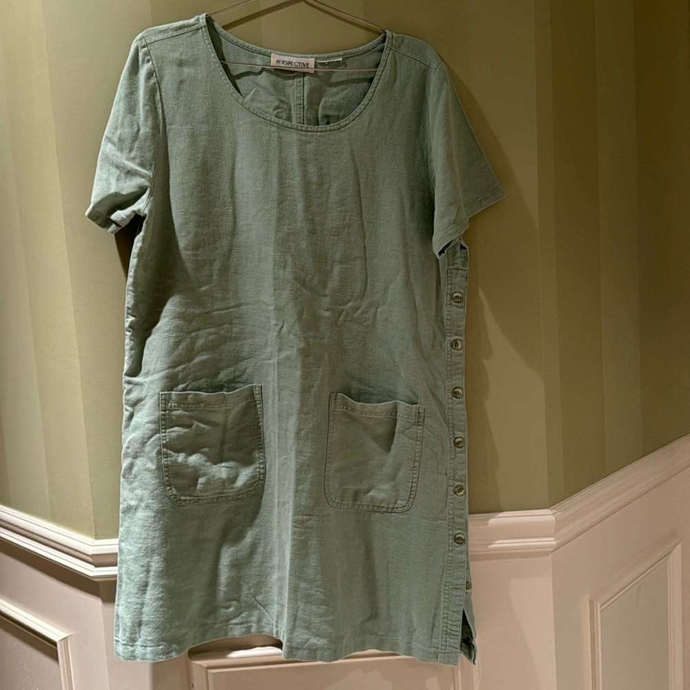 Perspective Green Linen Dress with Side Buttons & Front Pockets Women’s Size L